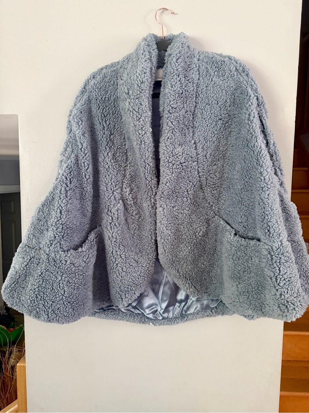 Silverts Adaptive Plush Shawl Open Front Cape Jacket Blue Grey Satin Lined OS